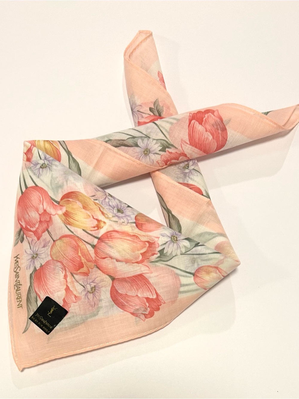 NWT WOMEN HANDKERCHIEF YSL Floral Pink Tulip COTTON POCKET SQUARE 18”
